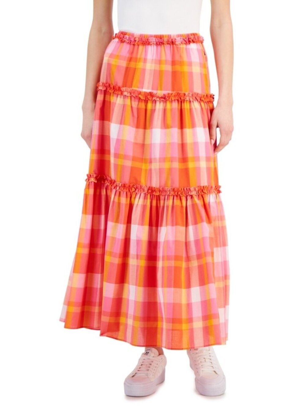 Nautica Women’s Cotton Plaid Ruffle Trim Tiered Maxi Skirt Pink Orange XS NWT